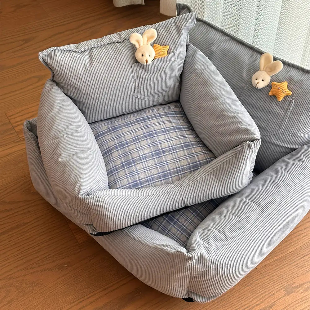 Canapé lit pour chien en velours côtelé à carreaux avec jouet