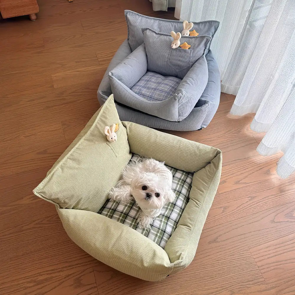 Canapé lit pour chien en velours côtelé à carreaux avec jouet