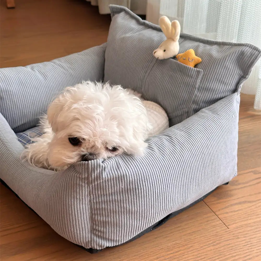 Canapé lit pour chien en velours côtelé à carreaux avec jouet