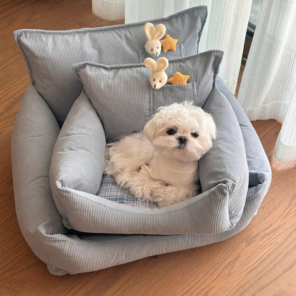 Canapé lit pour chien en velours côtelé à carreaux avec jouet