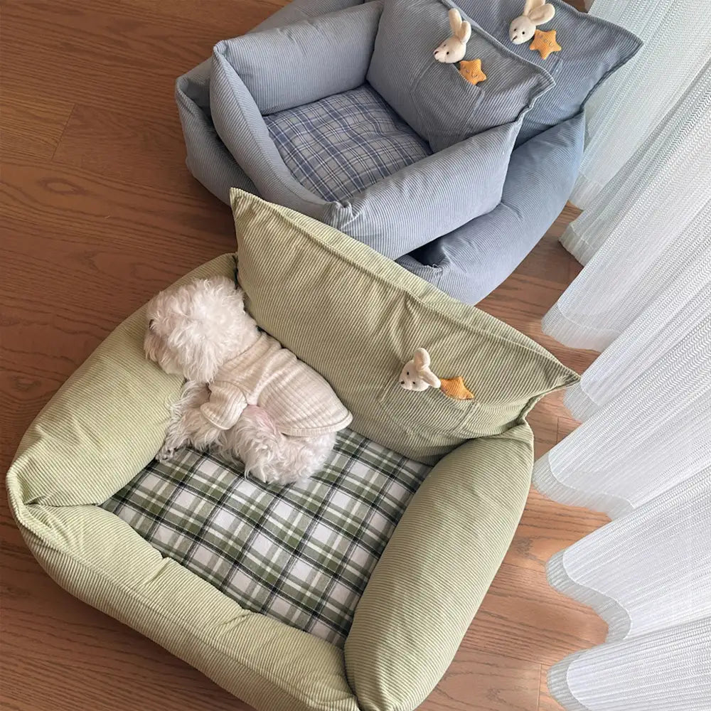 Canapé lit pour chien en velours côtelé à carreaux avec jouet