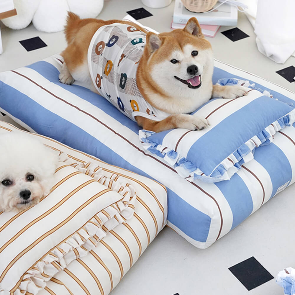 Lit pour chien en coton rayé avec coussin épais et doux