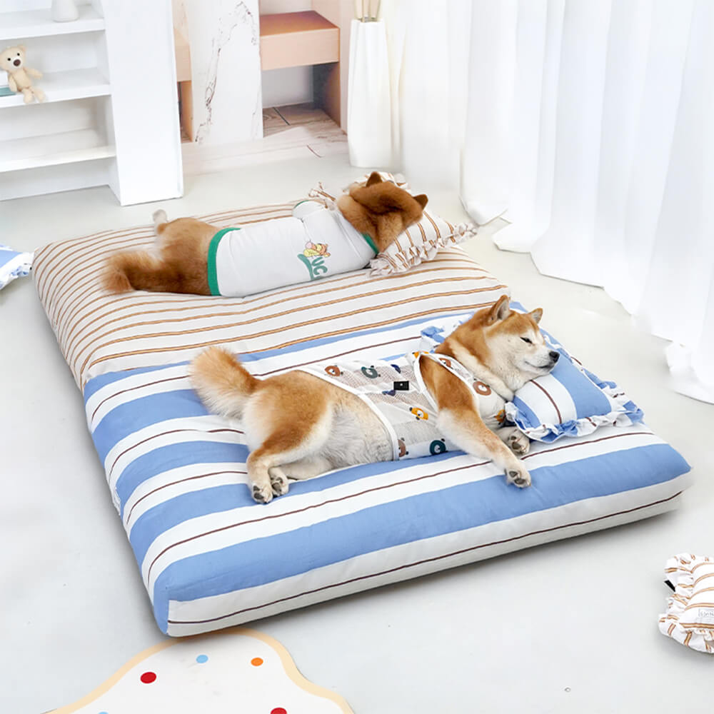 Lit pour chien en coton rayé avec coussin épais et doux