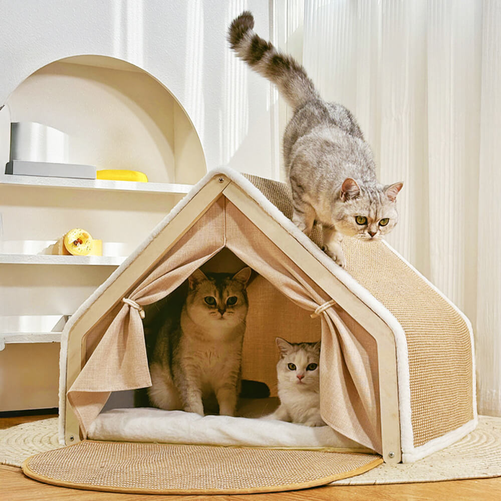 Tente pour chat tout-en-un avec toit griffoir et espace de couchage confortable