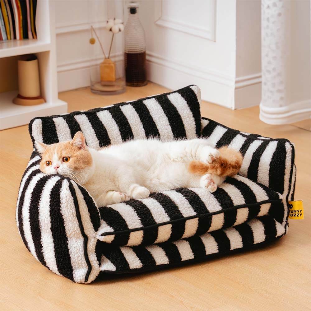 Canapé-lit double couche en fausse laine d'agneau à rayures pour chat tendance