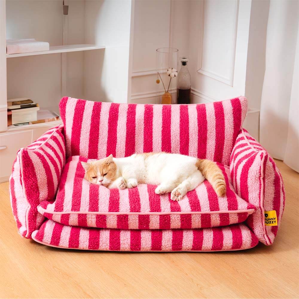 Canapé-lit double couche en fausse laine d'agneau à rayures pour chat tendance