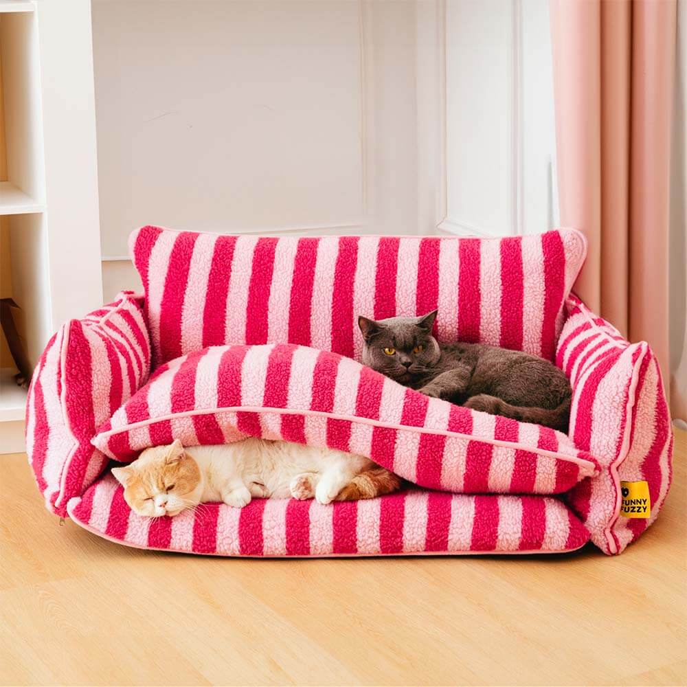Canapé-lit double couche en fausse laine d'agneau à rayures pour chat tendance