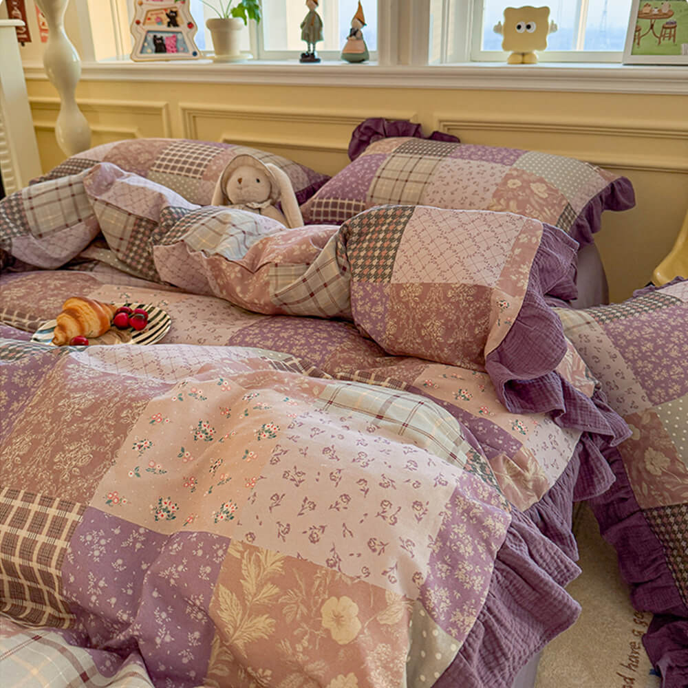 Parure de draps en coton double avec dentelle à blocs de couleur romantique