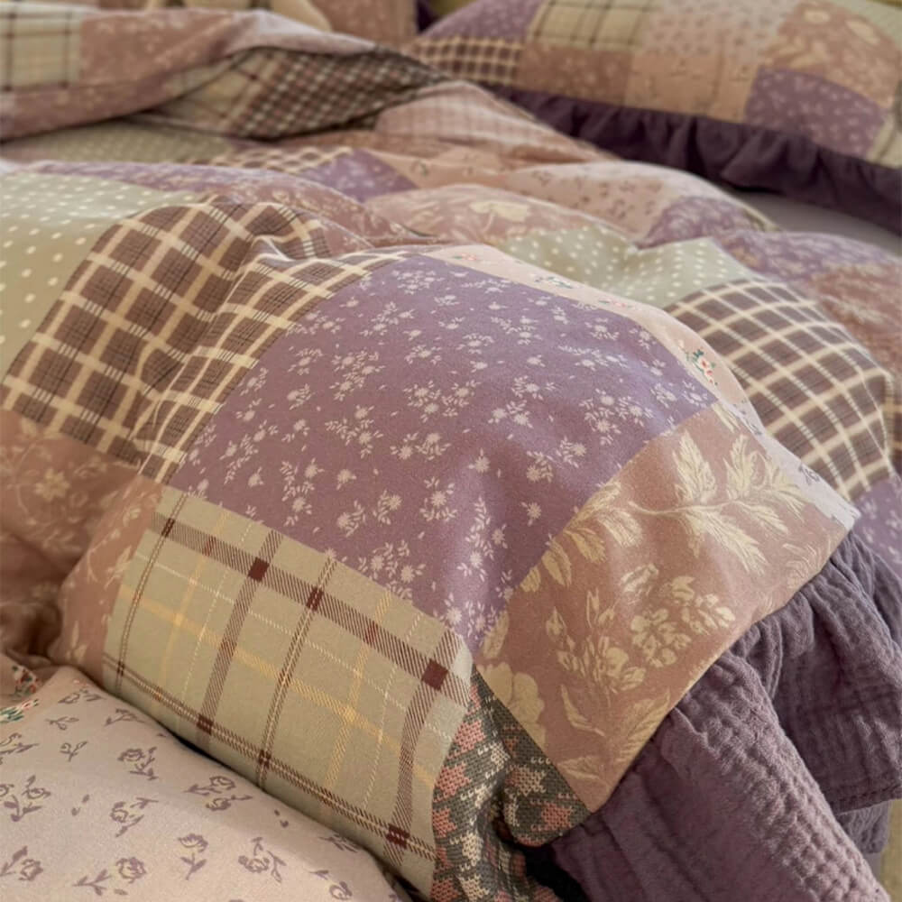 Parure de draps en coton double avec dentelle à blocs de couleur romantique