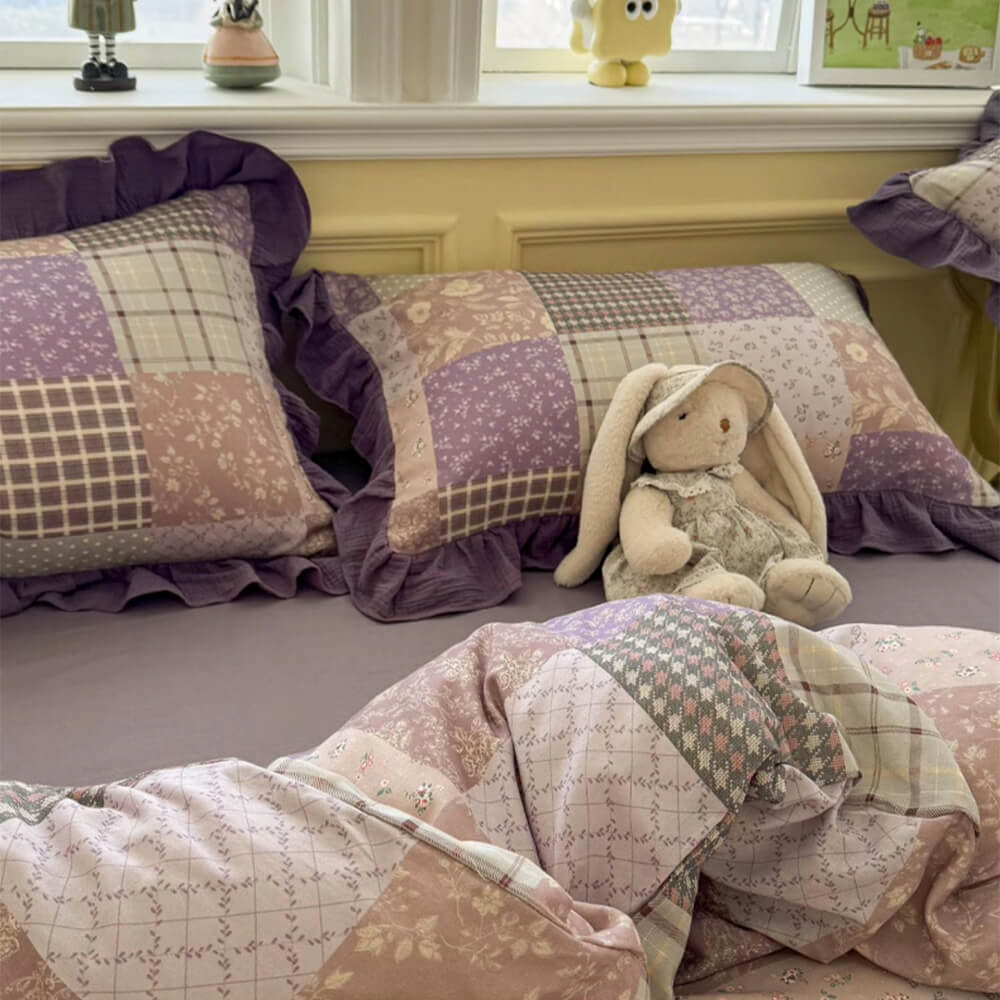 Parure de draps en coton double avec dentelle à blocs de couleur romantique