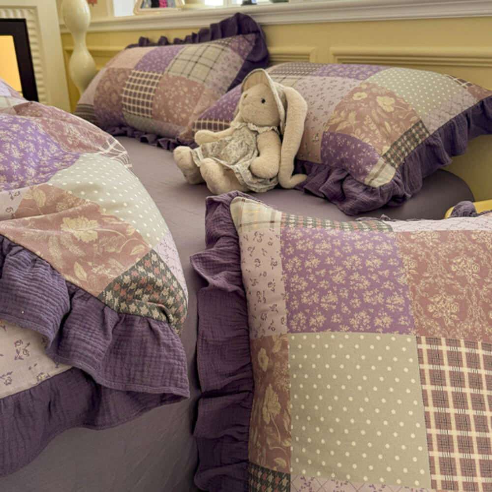 Parure de draps en coton double avec dentelle à blocs de couleur romantique