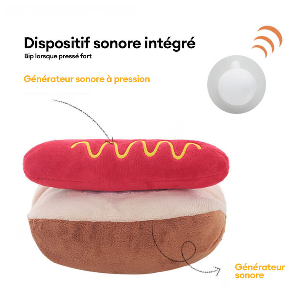 Jouet à mâcher en peluche forme pizza et hot dog avec couineur