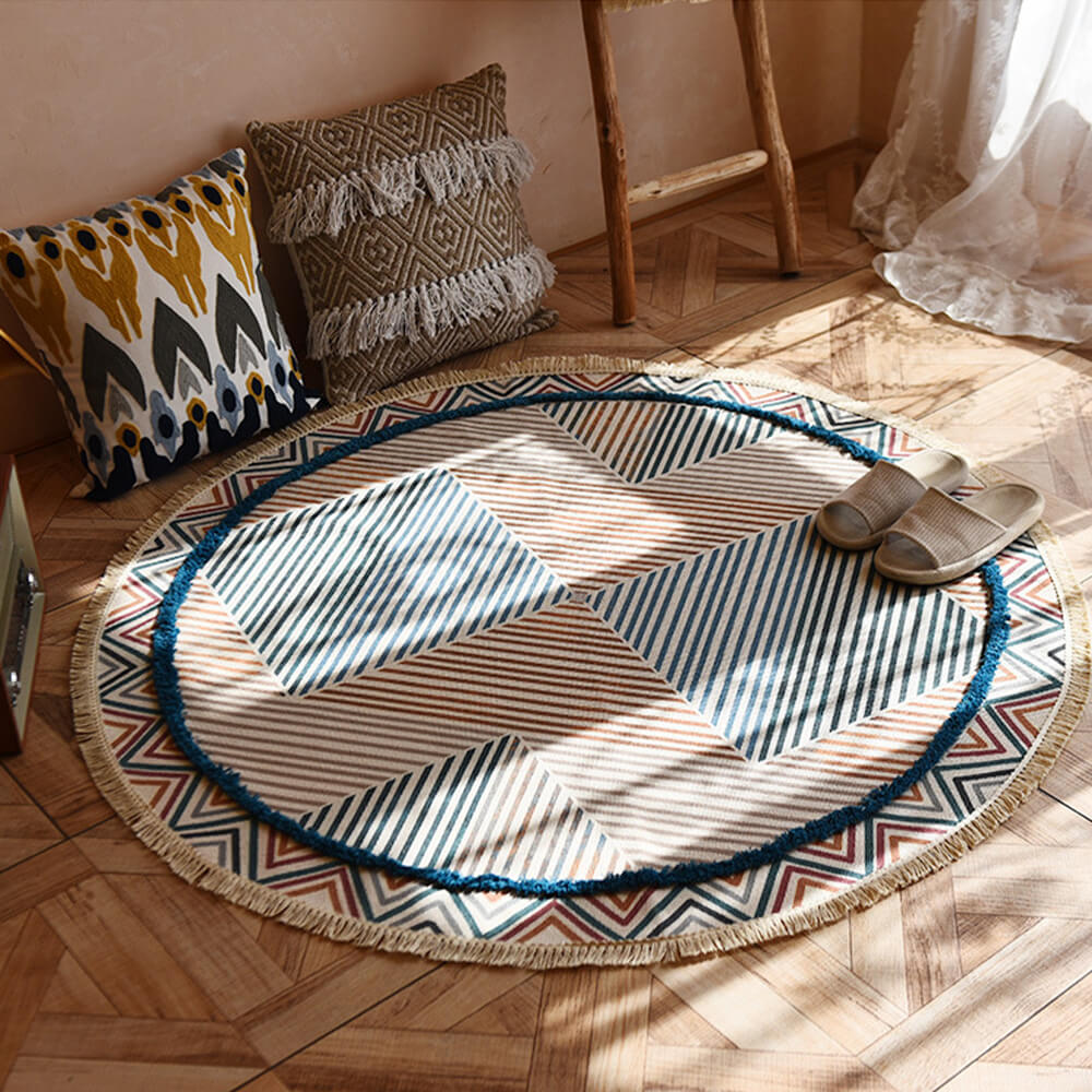 Tapis rond vintage en lin et coton tissé main