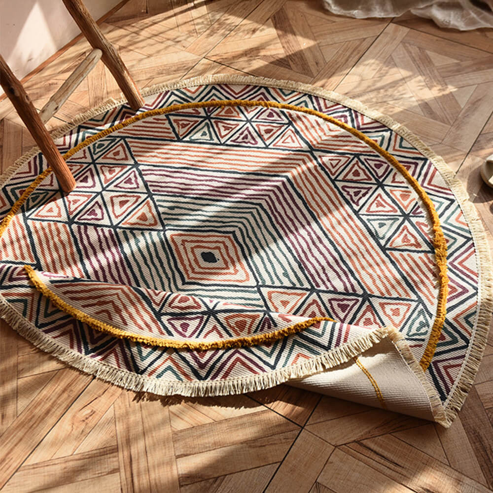 Tapis rond vintage en lin et coton tissé main