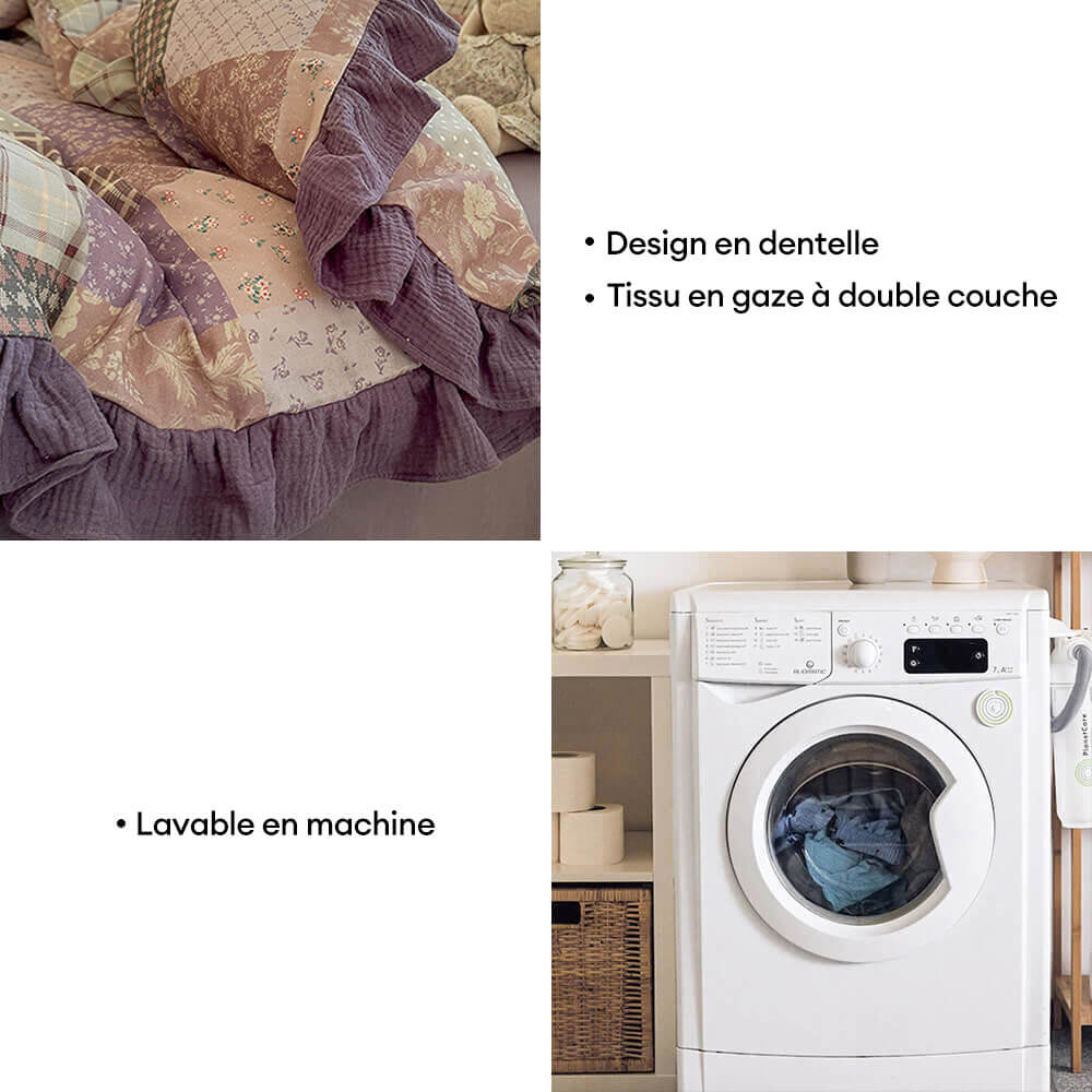 Parure de draps en coton double avec dentelle à blocs de couleur romantique