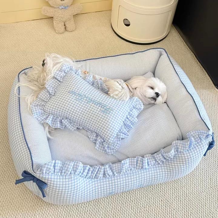 Lit pour chien et chat en tissu vichy doux lavable avec coussins
