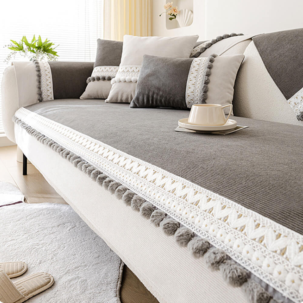 Housse de canapé velours côtelé doux toutes saisons imperméable anti-rayures avec pompons