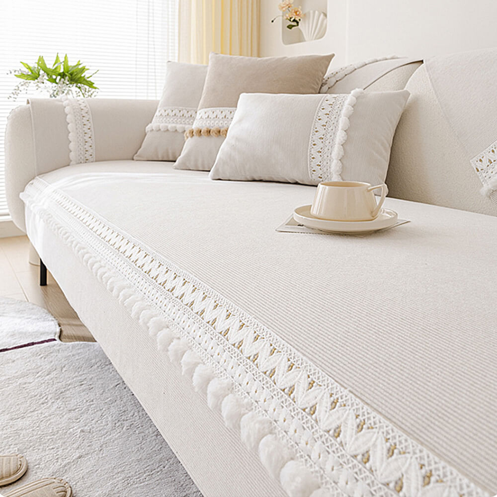 Housse de canapé velours côtelé doux toutes saisons imperméable anti-rayures avec pompons