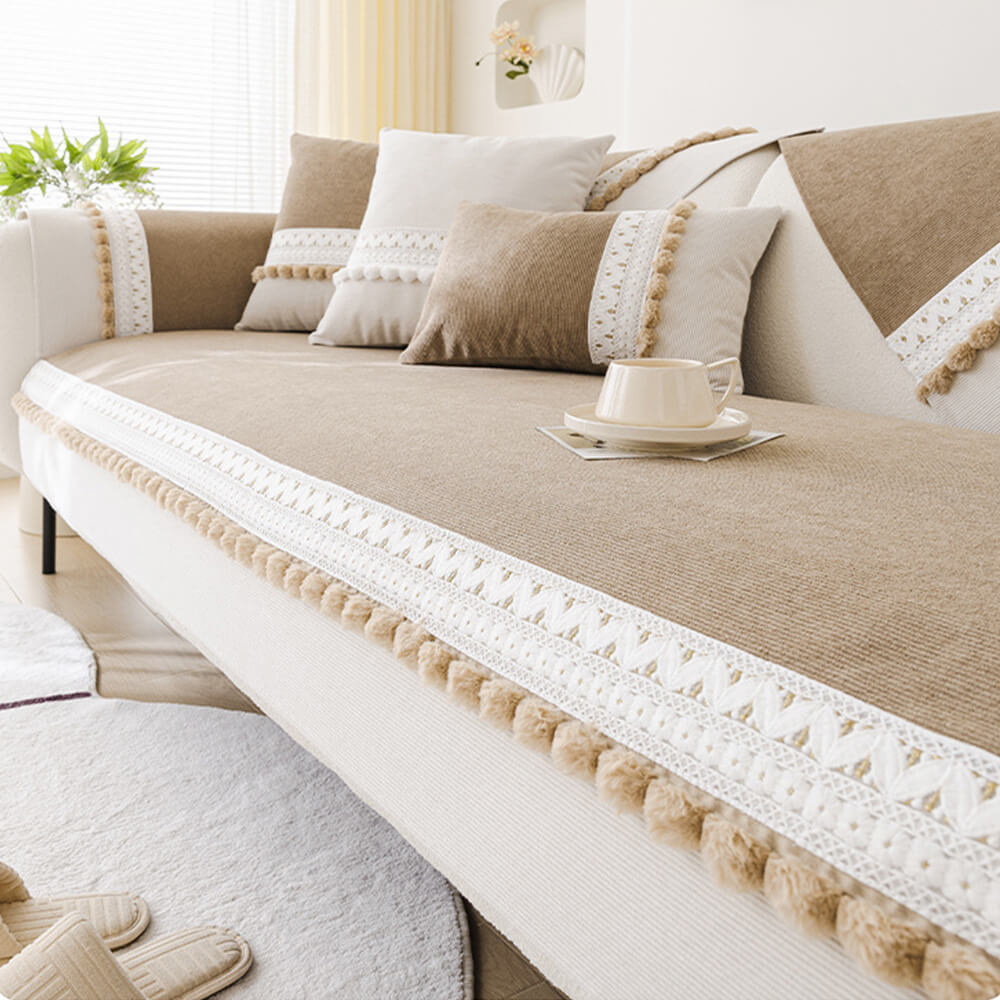 Housse de canapé velours côtelé doux toutes saisons imperméable anti-rayures avec pompons