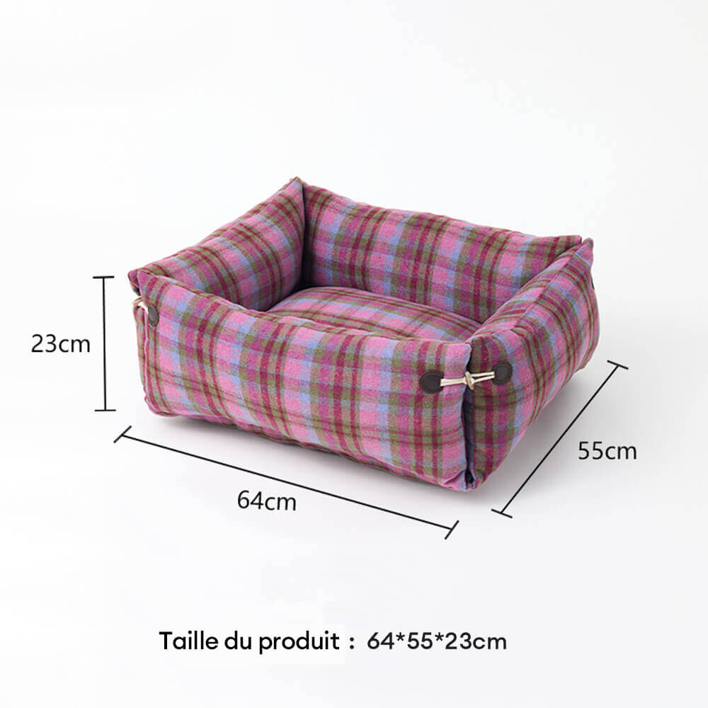 Lit réversible à carreaux doux et extensible pour chien et chat avec bouton en corne