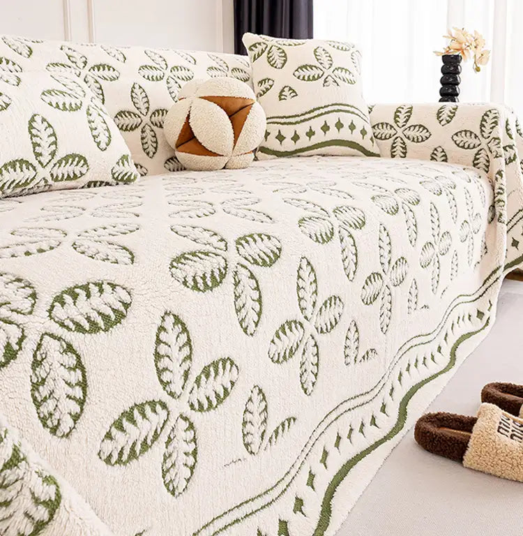 Couverture multi-usages en velours jacquard à motif de feuilles pour décoration de canapé