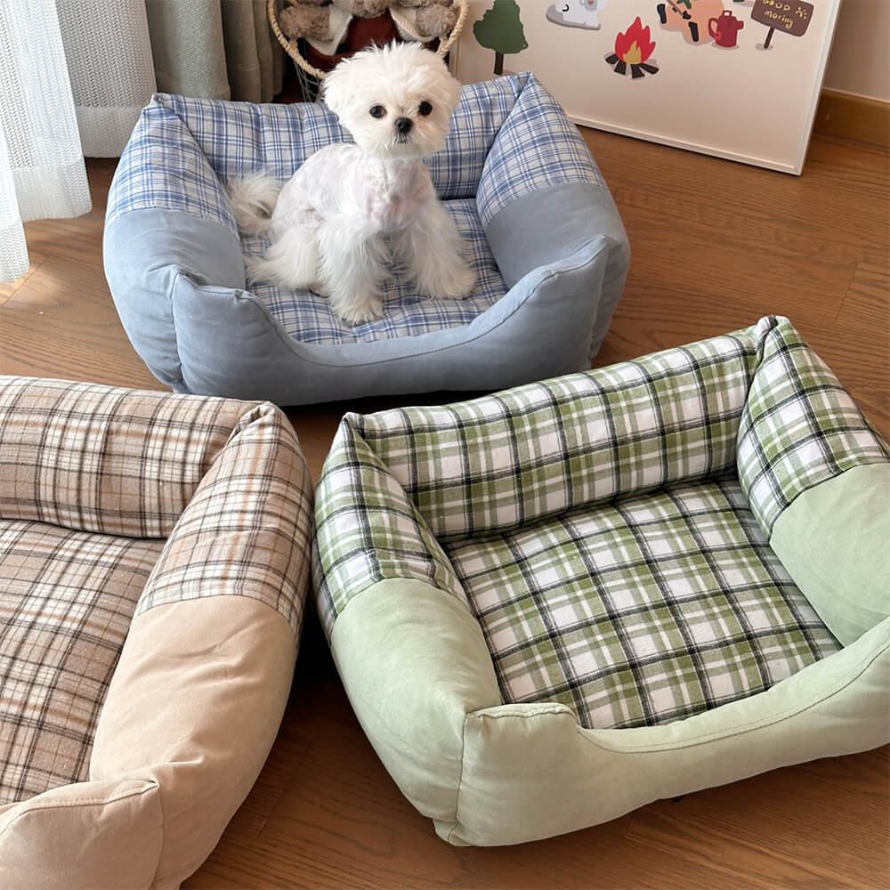 Lit pour chien et chat avec coussin amovible épais en vichy pour détente