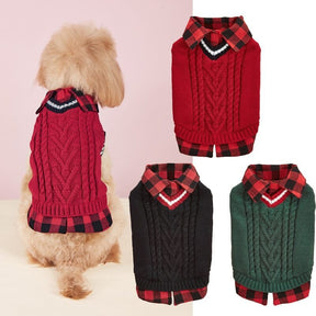 Gilet tricoté torsadé pour chien avec col à carreaux idéal pour l'automne et l'hiver