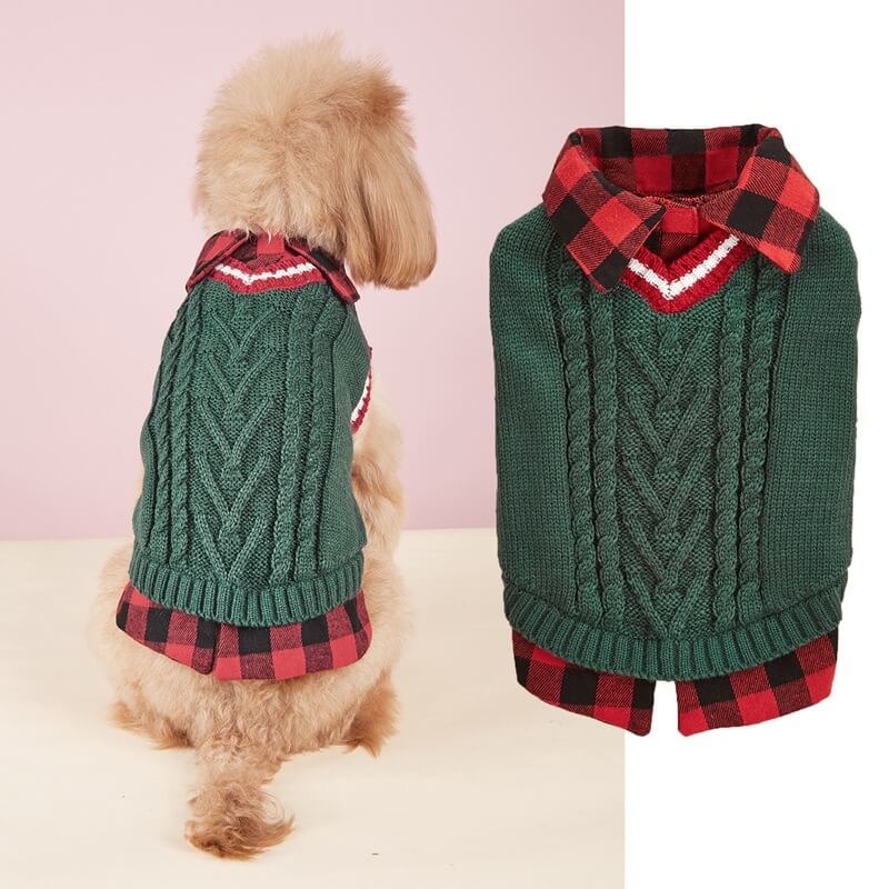 Gilet tricoté torsadé pour chien avec col à carreaux idéal pour l'automne et l'hiver