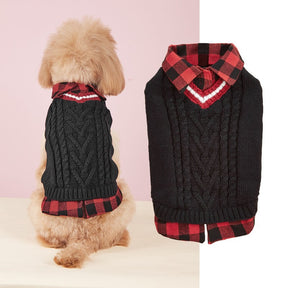 Gilet tricoté torsadé pour chien avec col à carreaux idéal pour l'automne et l'hiver