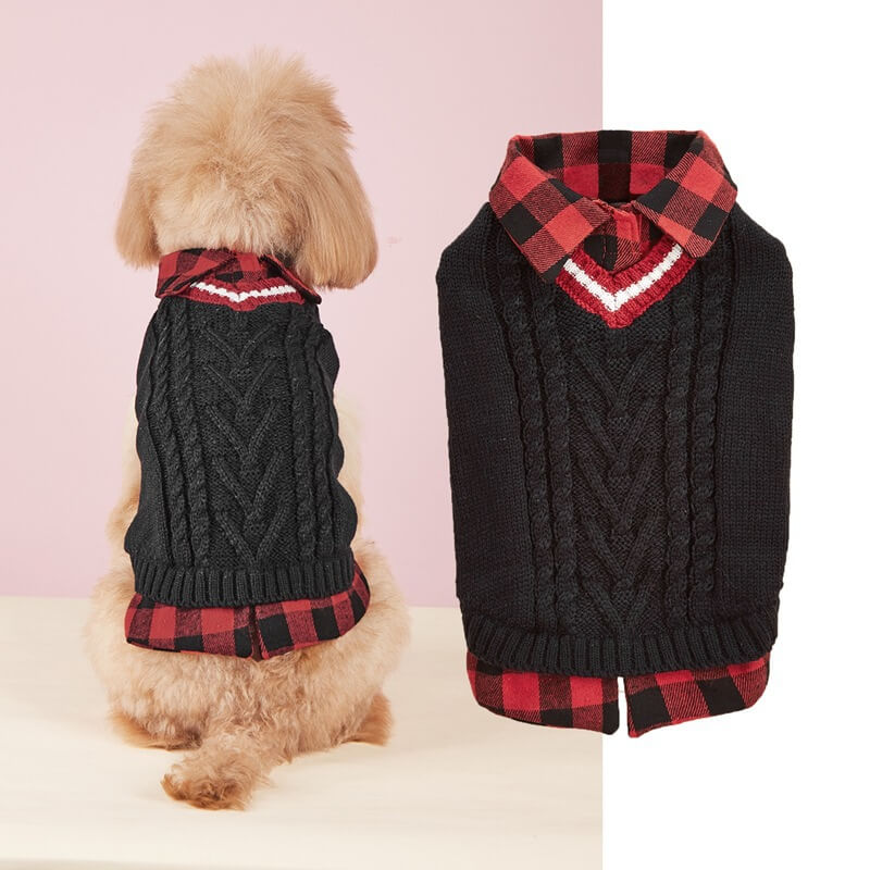 Gilet tricoté torsadé pour chien avec col à carreaux idéal pour l'automne et l'hiver