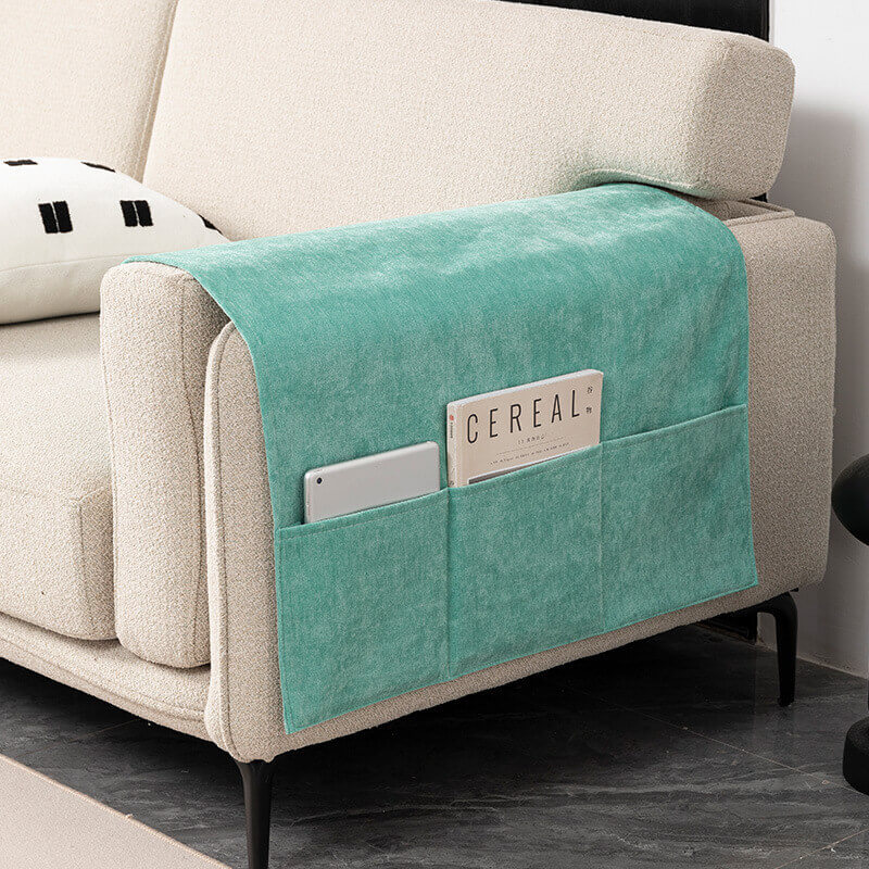 Housse de repose-bras de canapé anti-rayures en chenille avec porte-revues