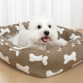 Lit pour chien en peluche à motif os carré pour sommeil profond