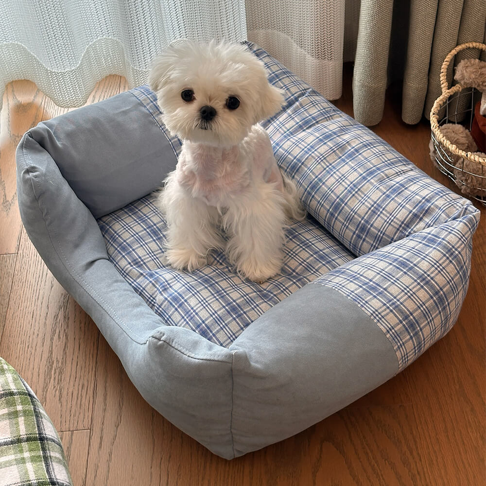 Lit pour chien et chat avec coussin amovible épais en vichy pour détente