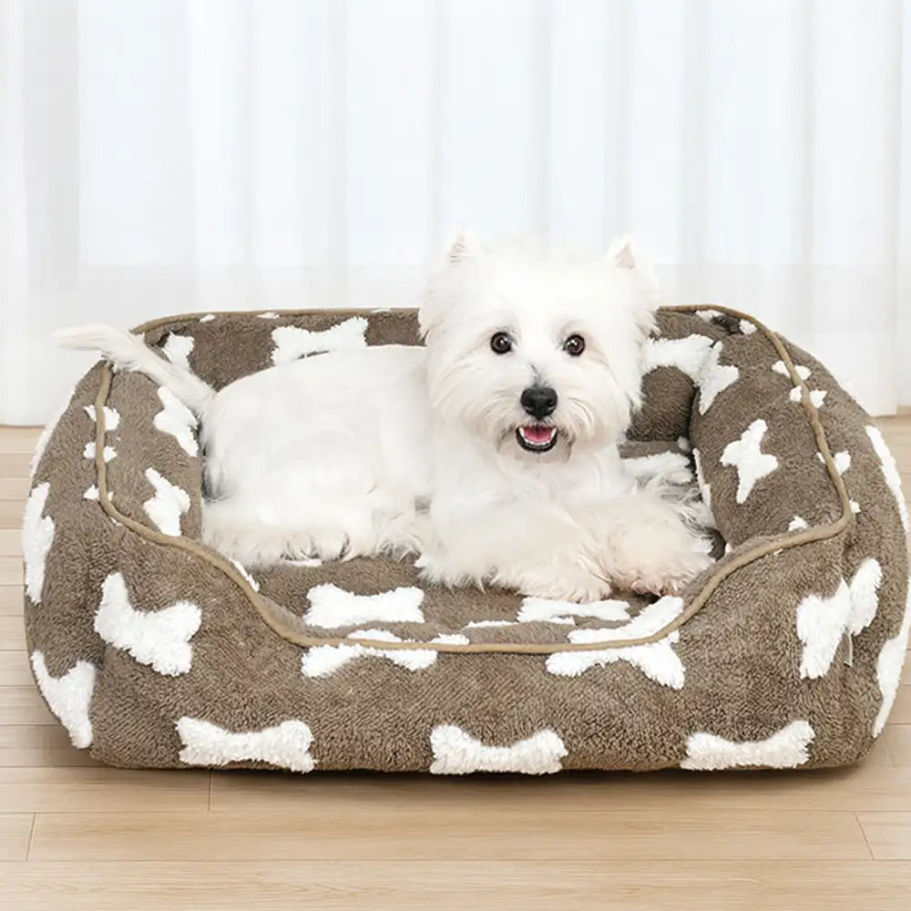 Lit pour chien en peluche à motif os carré pour sommeil profond