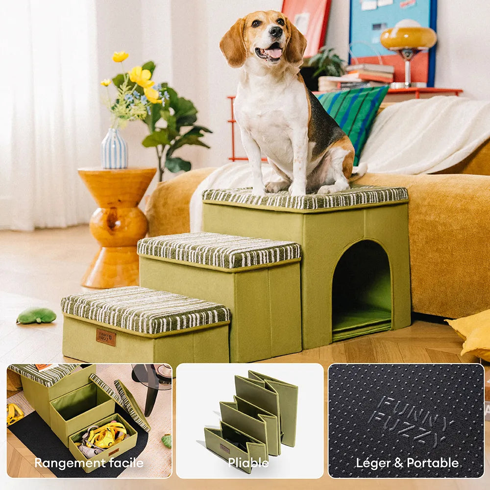Escalier pour chien pliable avec rangement et condo - Funnyfuzzy SnugNest