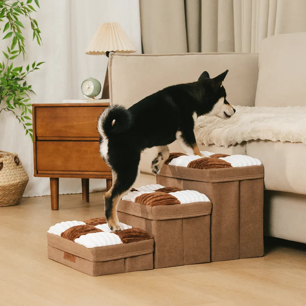 Escalier pour chien en plaid avec échiquier détachable, fait à la main, avec rangement - Marches pliables