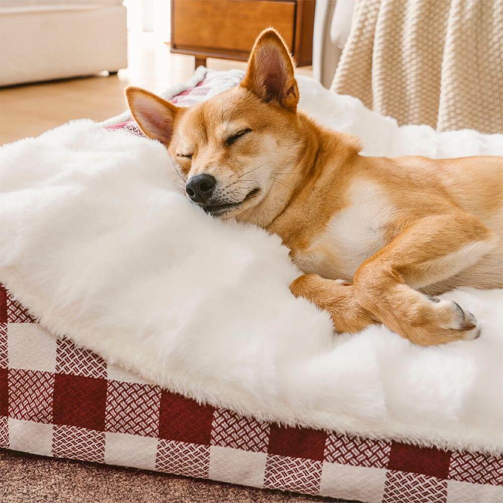 Lit rectangulaire pour chien avec tête de dossier à carreaux classiques et grand soutien apaisant - Dreamy Wave