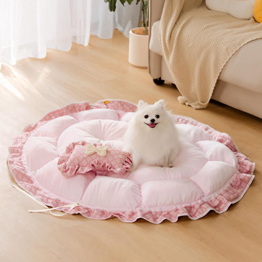 Tapis de lit rond multifonction lavable avec cordon de serrage pour animaux motif floral