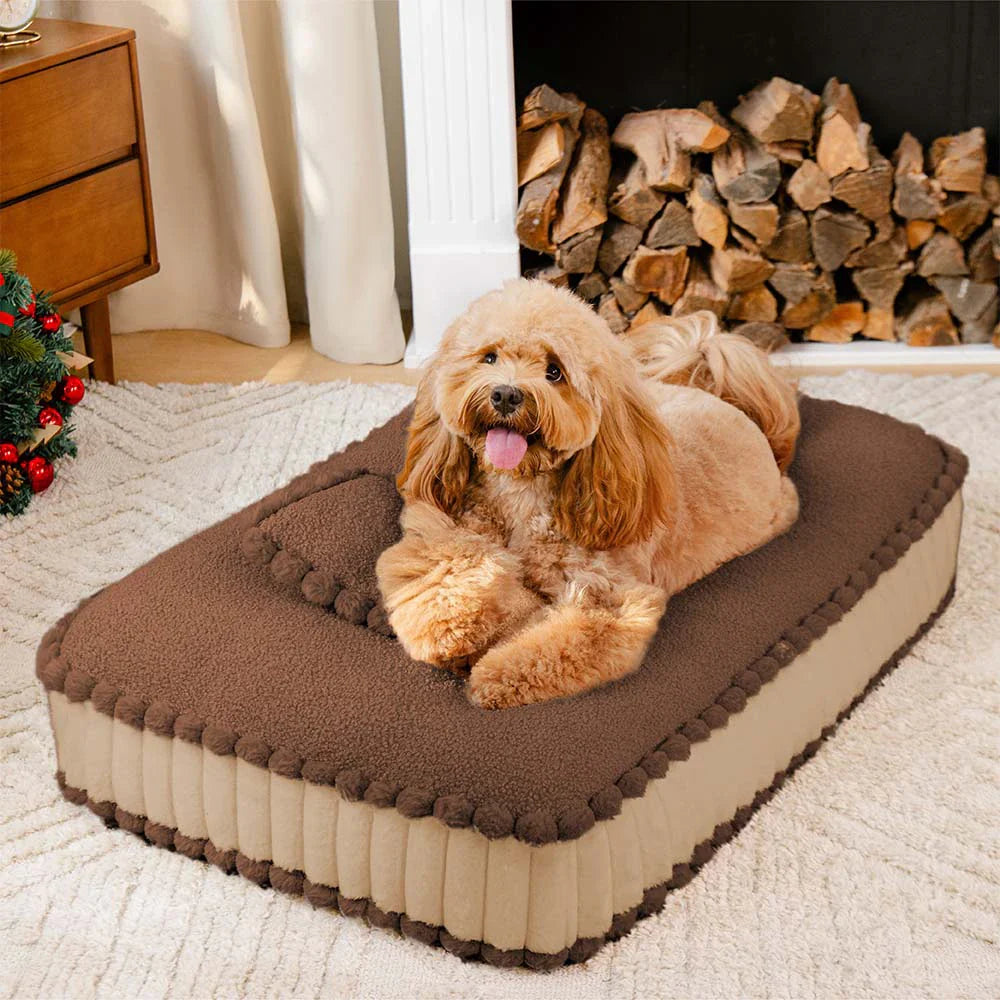 Lit apaisant pour chien en peluche moelleuse, inspiré du biscuit, avec oreiller – SweetNap