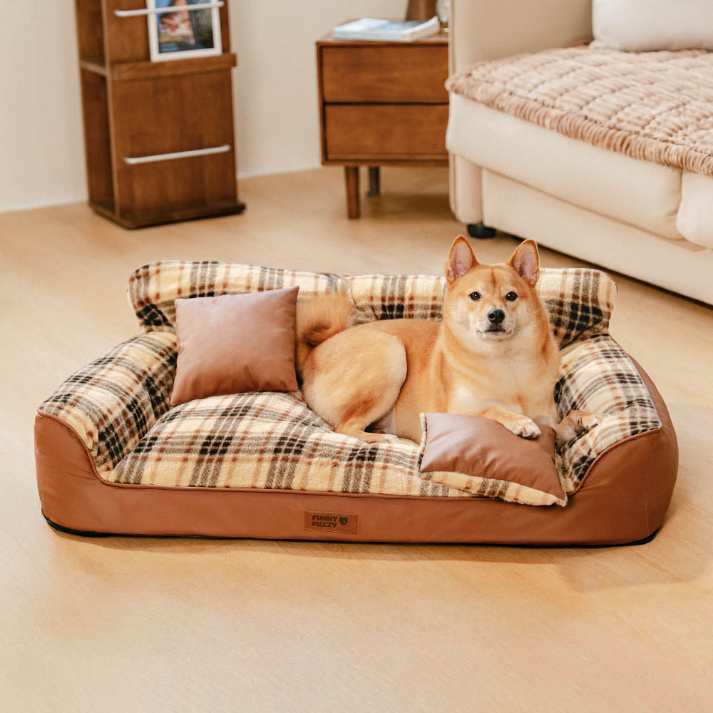 Lit orthopédique pour chien en peluche à carreaux vintage avec coussins - CozyLuxe