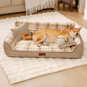 Lit orthopédique pour chien en peluche à carreaux vintage avec coussins - CozyLuxe