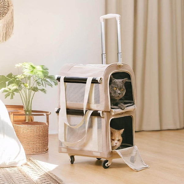 Sac de transport pour animaux à roulettes double couche spacieux pour plusieurs chats