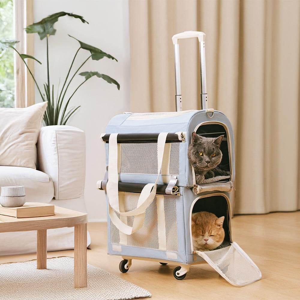 Sac de transport pour animaux à roulettes double couche spacieux pour plusieurs chats