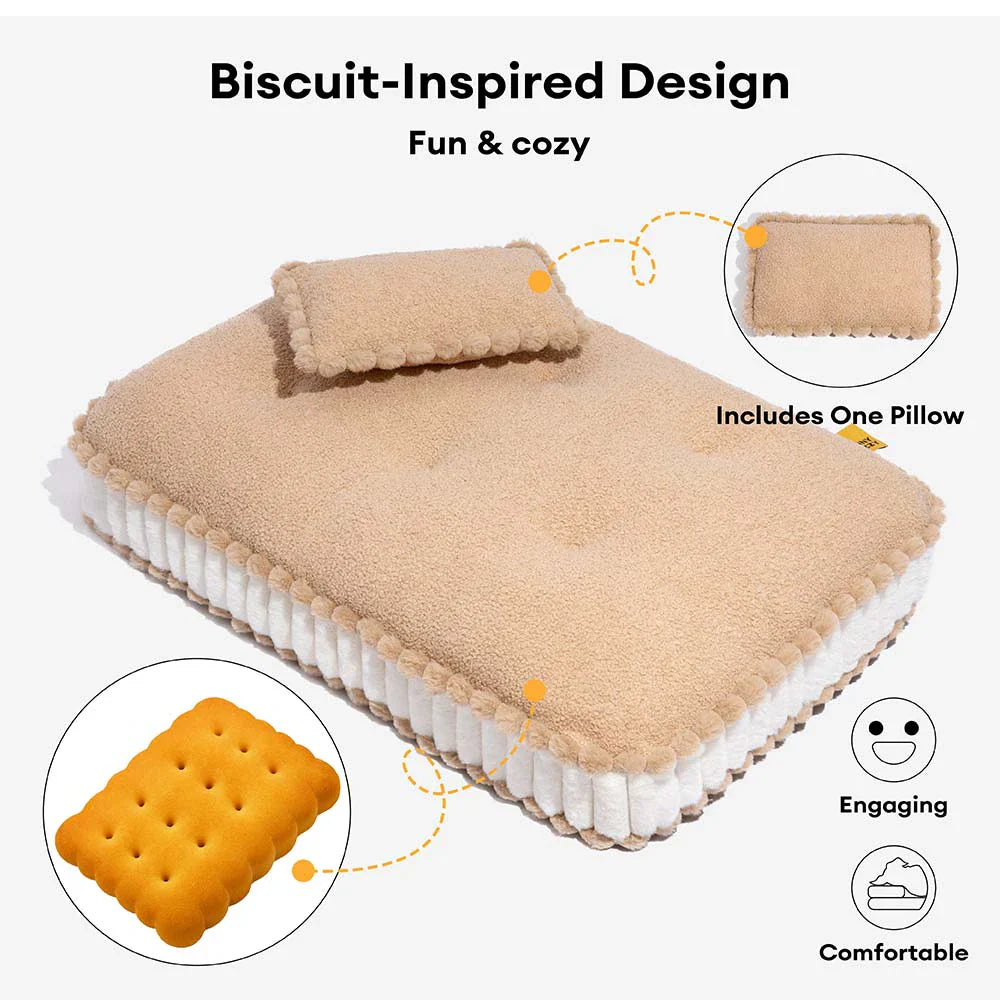 Lit apaisant pour chien en peluche moelleuse, inspiré du biscuit, avec oreiller – SweetNap