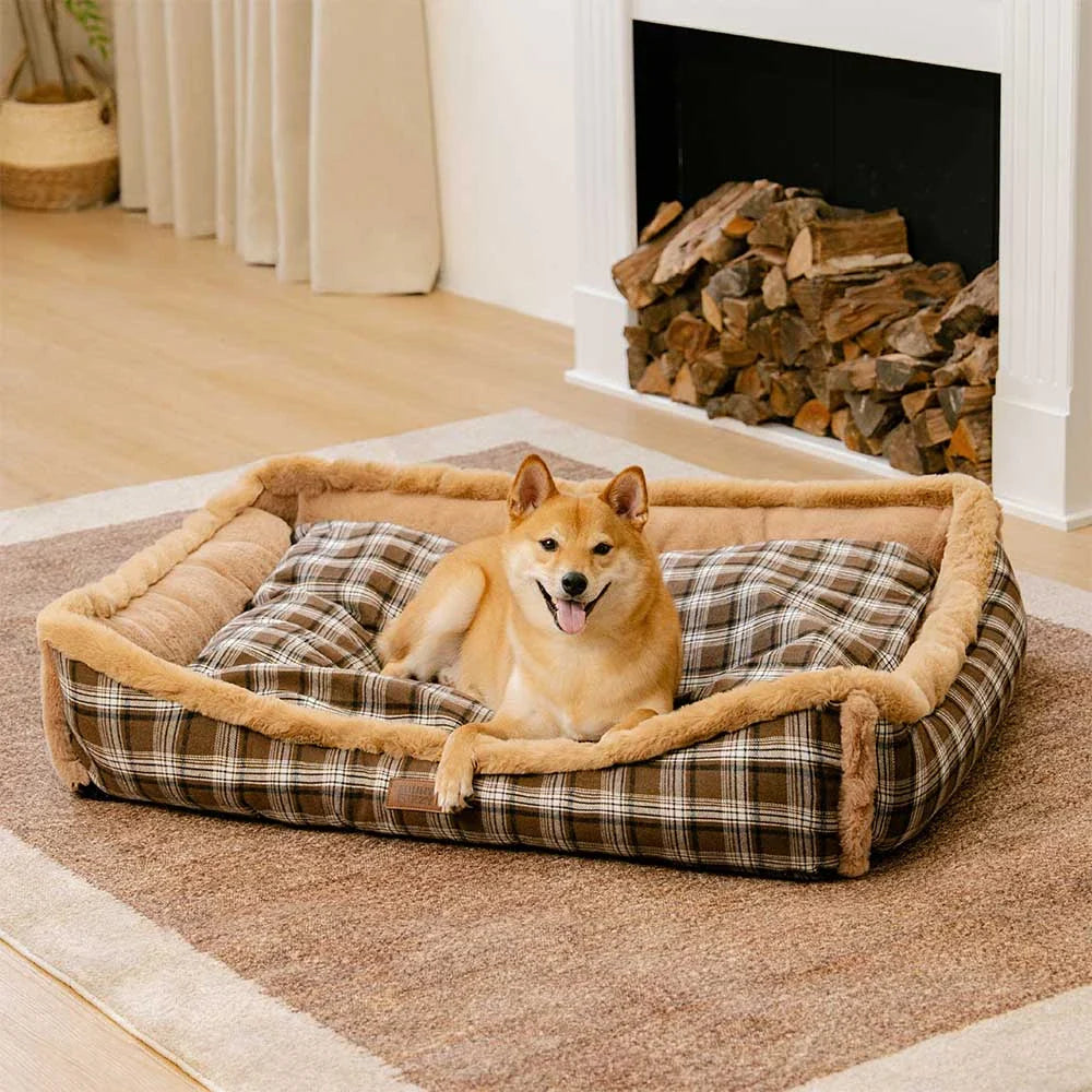 Lit pour chien en peluche lavable à motif vintage à carreaux - TuckNap
