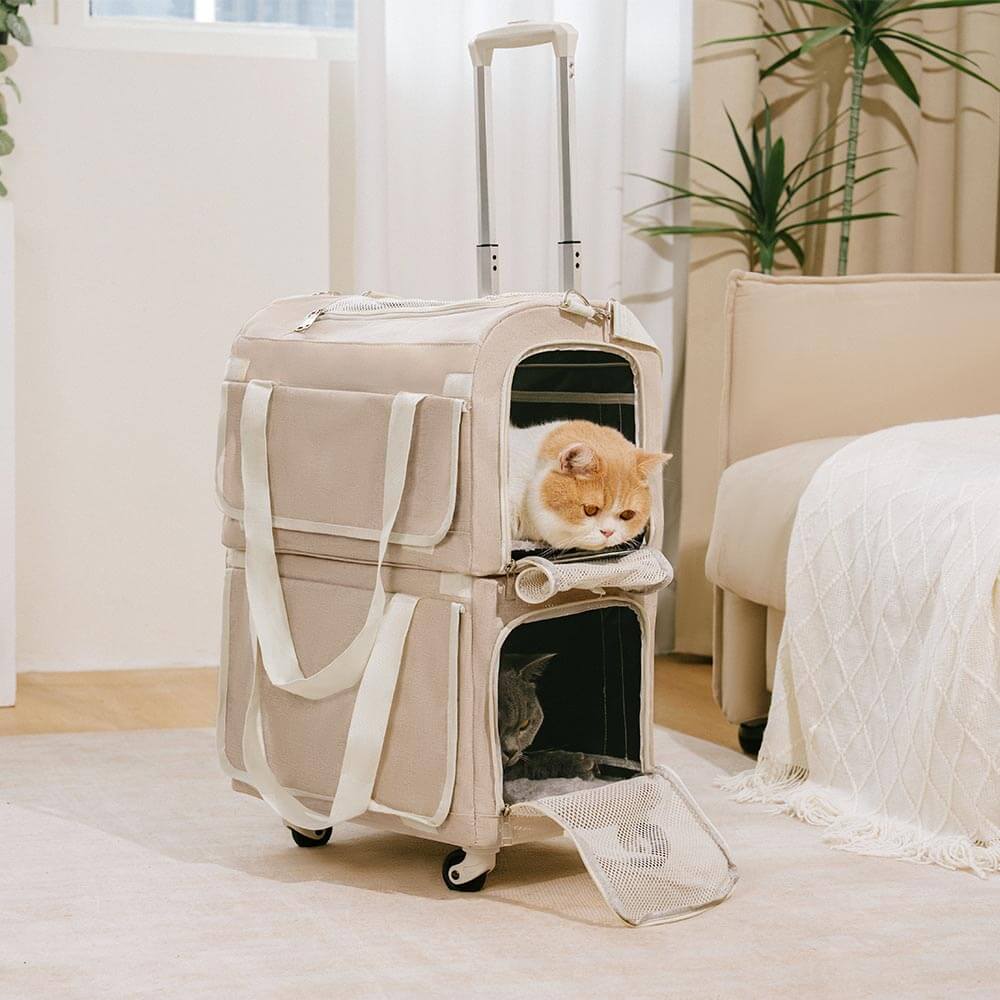 Sac de transport pour animaux à roulettes double couche spacieux pour plusieurs chats