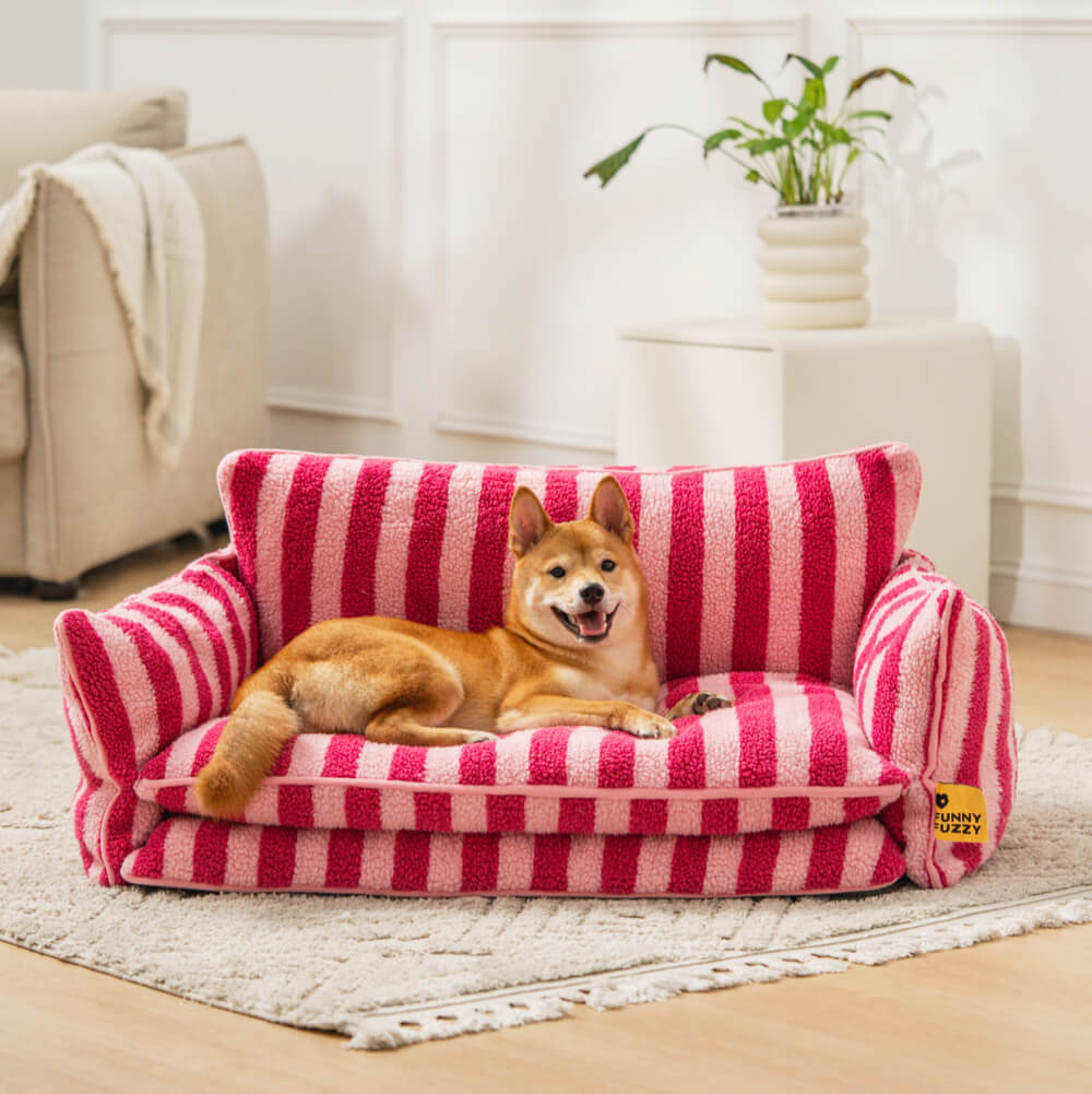 Lit pour chien et chat en faux lambswool à rayures tendance à double couche - Extérieur