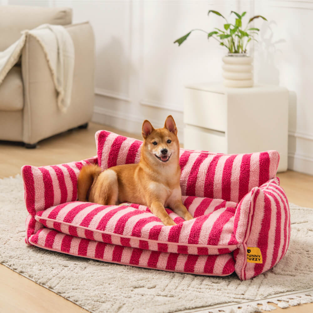 Lit pour chien et chat en faux lambswool à rayures tendance à double couche - Extérieur
