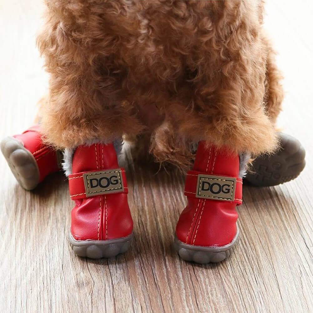 Bottes pour chien en cuir PU imperméables et antidérapantes doublées de peluche