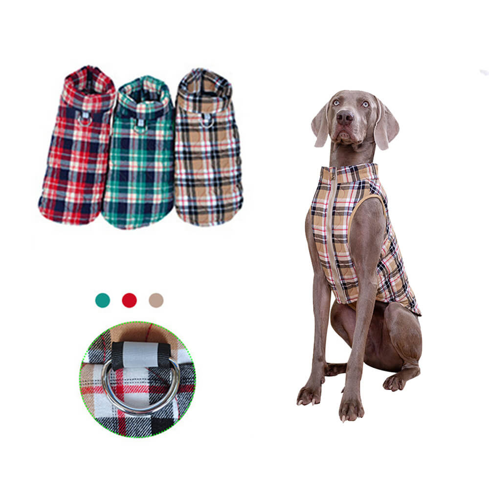 Gilet rembourré à carreaux pour chien style britannique avec anneau en D